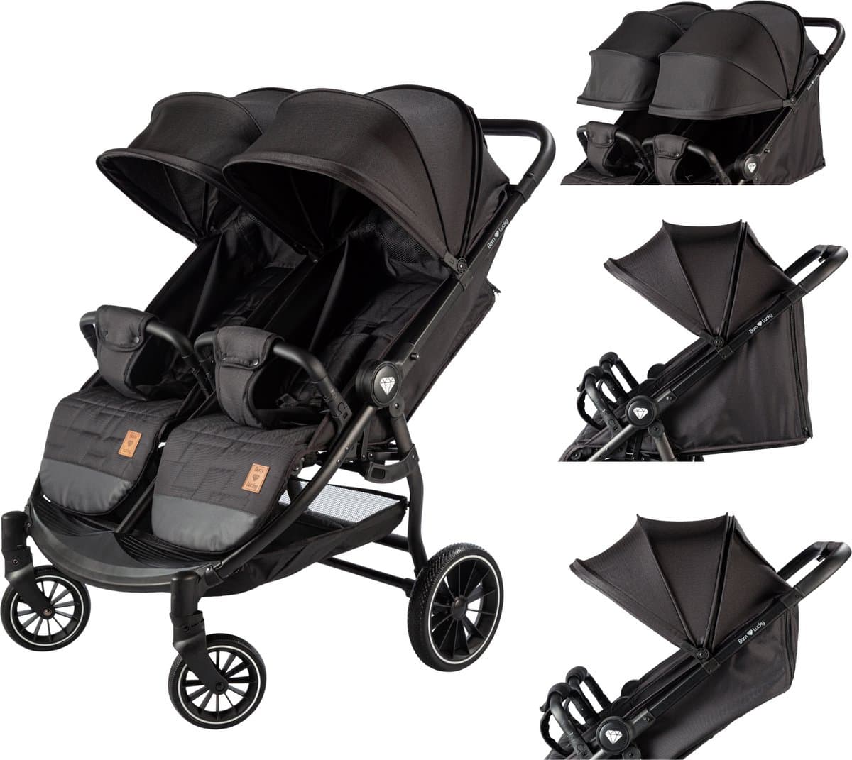Born Lucky Ranger Duo Buggy Kinderwagen Tweeling Buggy Inklapbaar Lichtgewicht Dubbele Buggy Met Verstelbare Rugleuning en Zwenkwielen – Zwart
