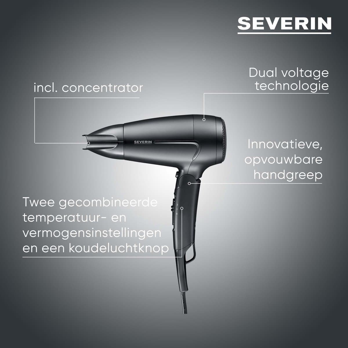 Severin HT 0159 Reis-föhn - opvouwbaar - 1.600 watt DC-motor - 120V /220V-240V schakelbaar - 2 warme temperatuur aanpassingen + coolshot incl. concentrator thumbnail 4