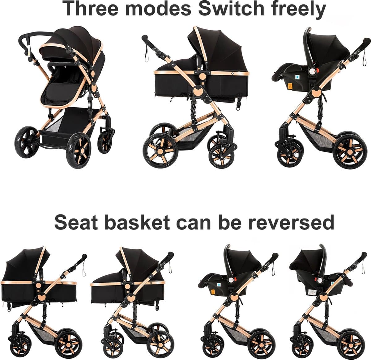 Luxe 3-in-1 Kinderwagen - Wandelwagen - Autostoeltje - Buggy - Reiswieg - Inklapbaar - 0-36 Maanden - Zwart/Goud thumbnail 5
