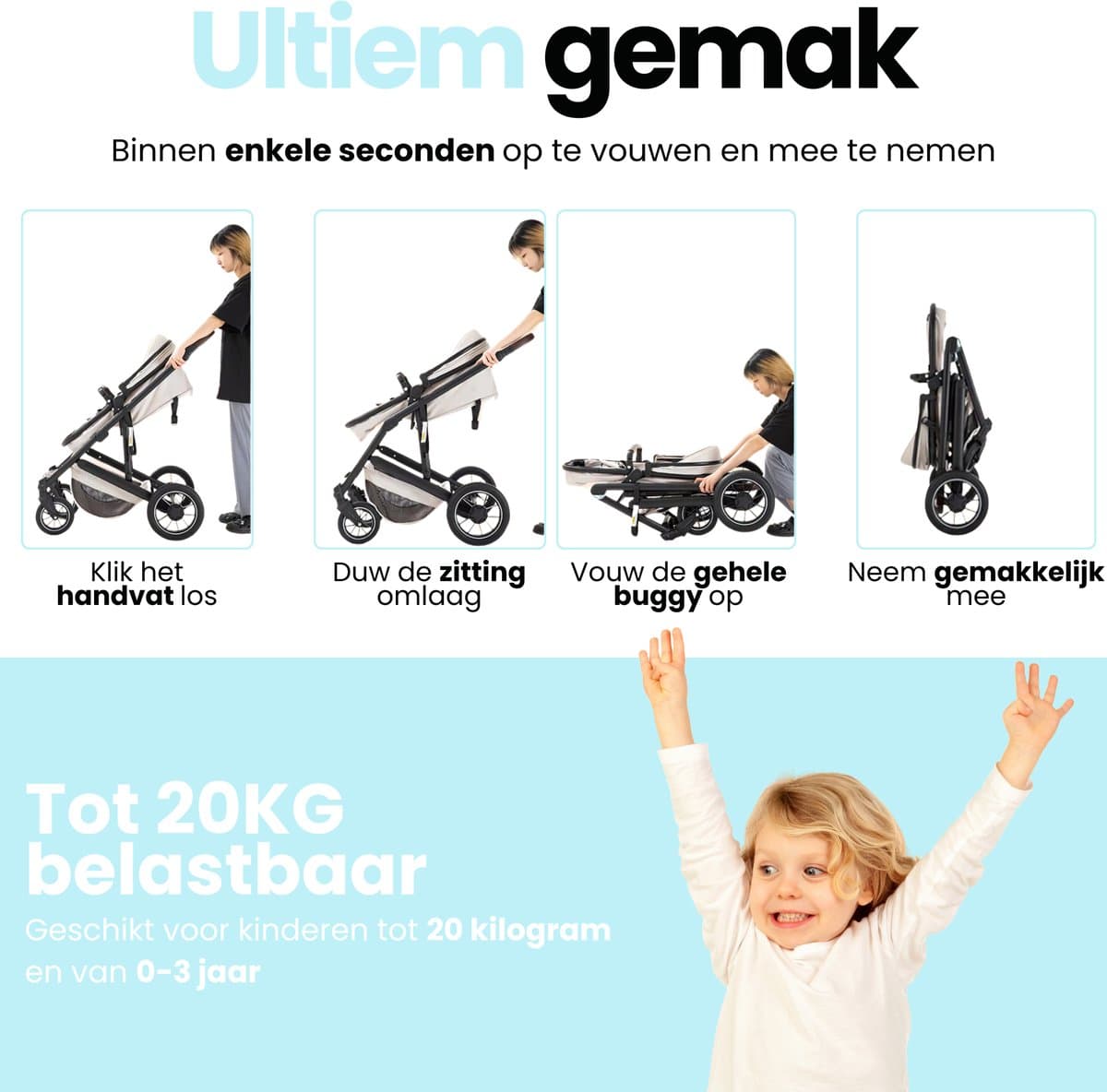 Lunola Luna - Kinderwagen 3-in-1 - incl. autostoel - 0-22kg - XXL - Wandelwagen - Multifunctionele Buggy 3in1 - Wit thumbnail 4