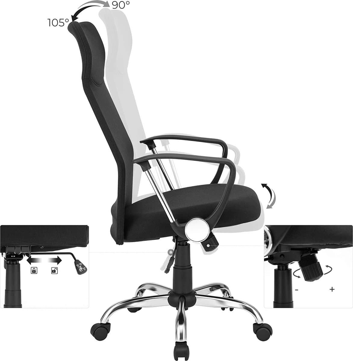 SONGMICS Bureaustoel - ergonomische vergaderstoel - draaibare zitting - gewatteerde zitting - in hoogte verstelbaar en kantelbaar - draagvermogen 120 kg - zwart thumbnail 6