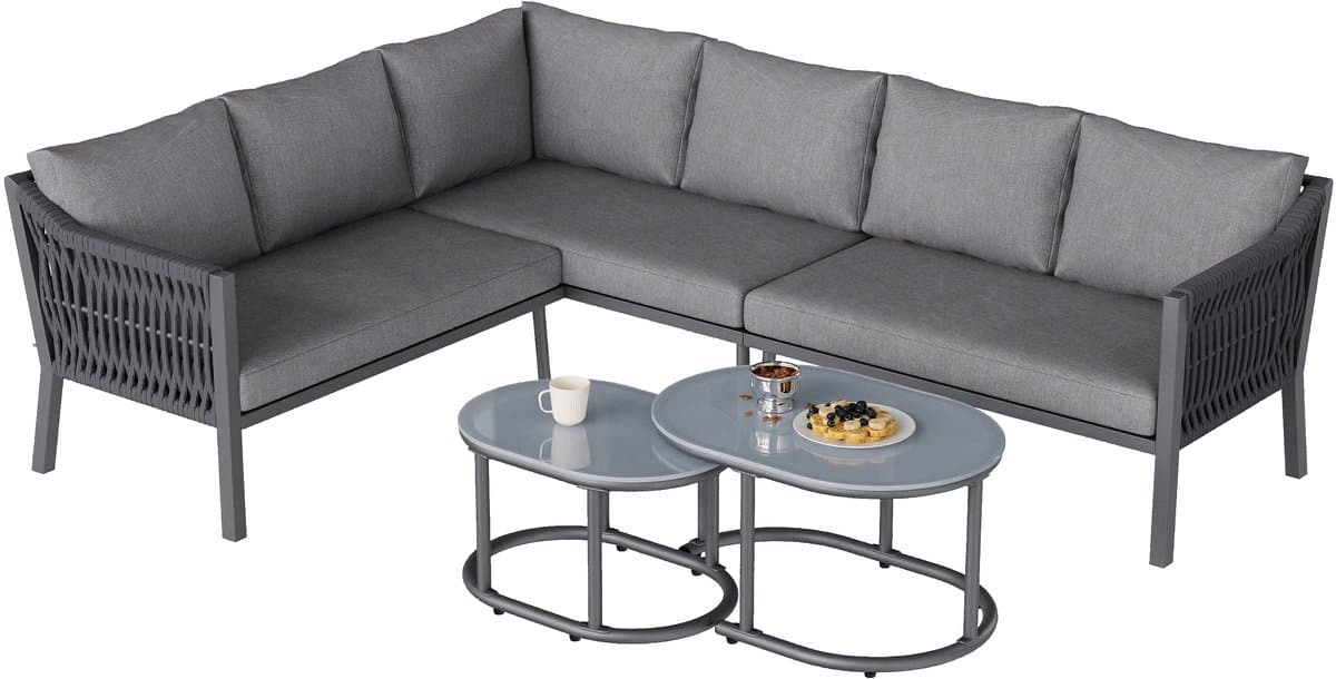 Tuin eettafel en stoelen set - voor 6 personen - hoekig - glazen tafelblad - handgeweven touw - twee koffietafels en een bank - grijs thumbnail 5