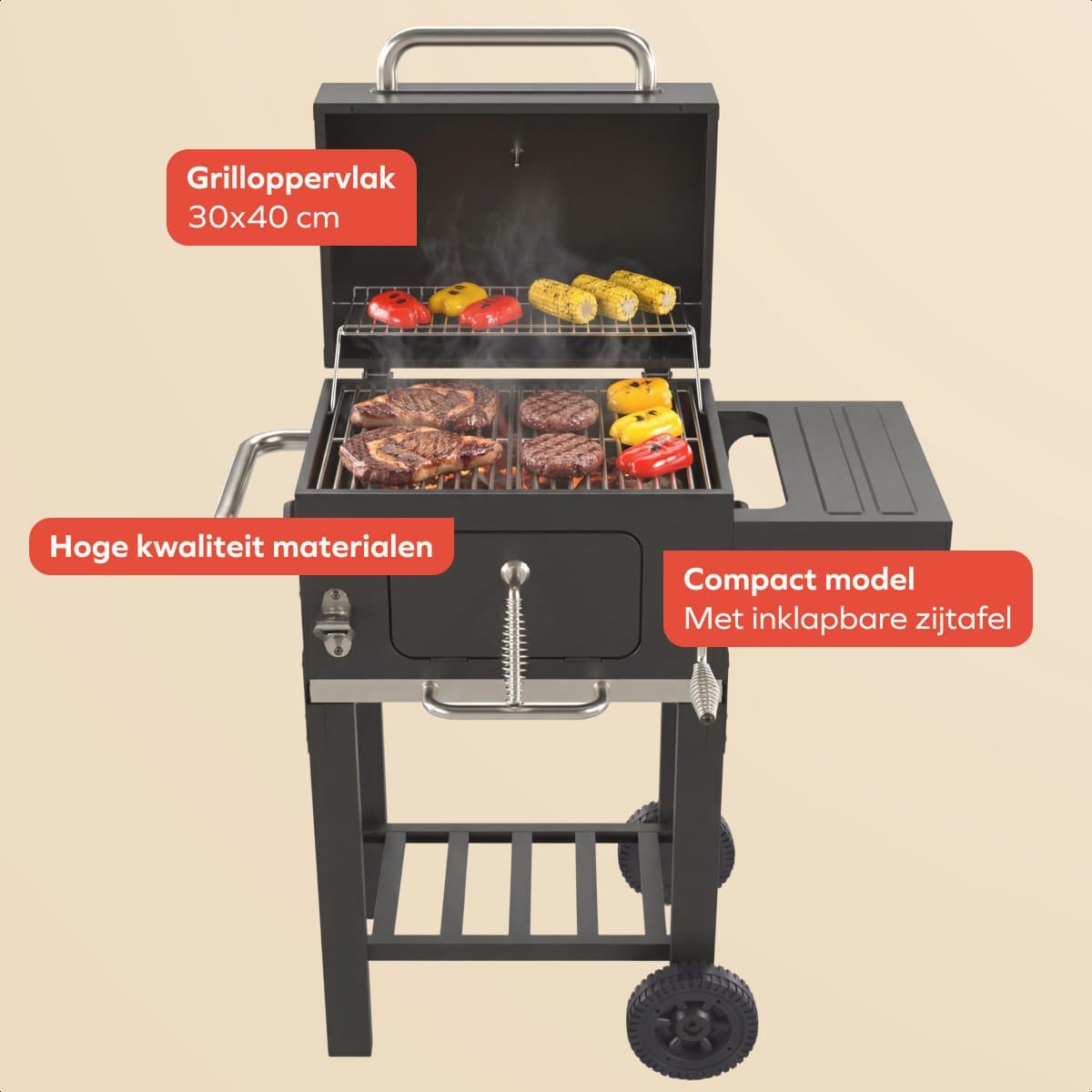 KitchenBrothers Houtskool BBQ Midi - Barbecue Houtskool - RVS Grillroosters - PFAS-Vrij - Met Aslade - 30x40 cm Grilloppervlak - Vaderdag Cadeau - Zwart thumbnail 3