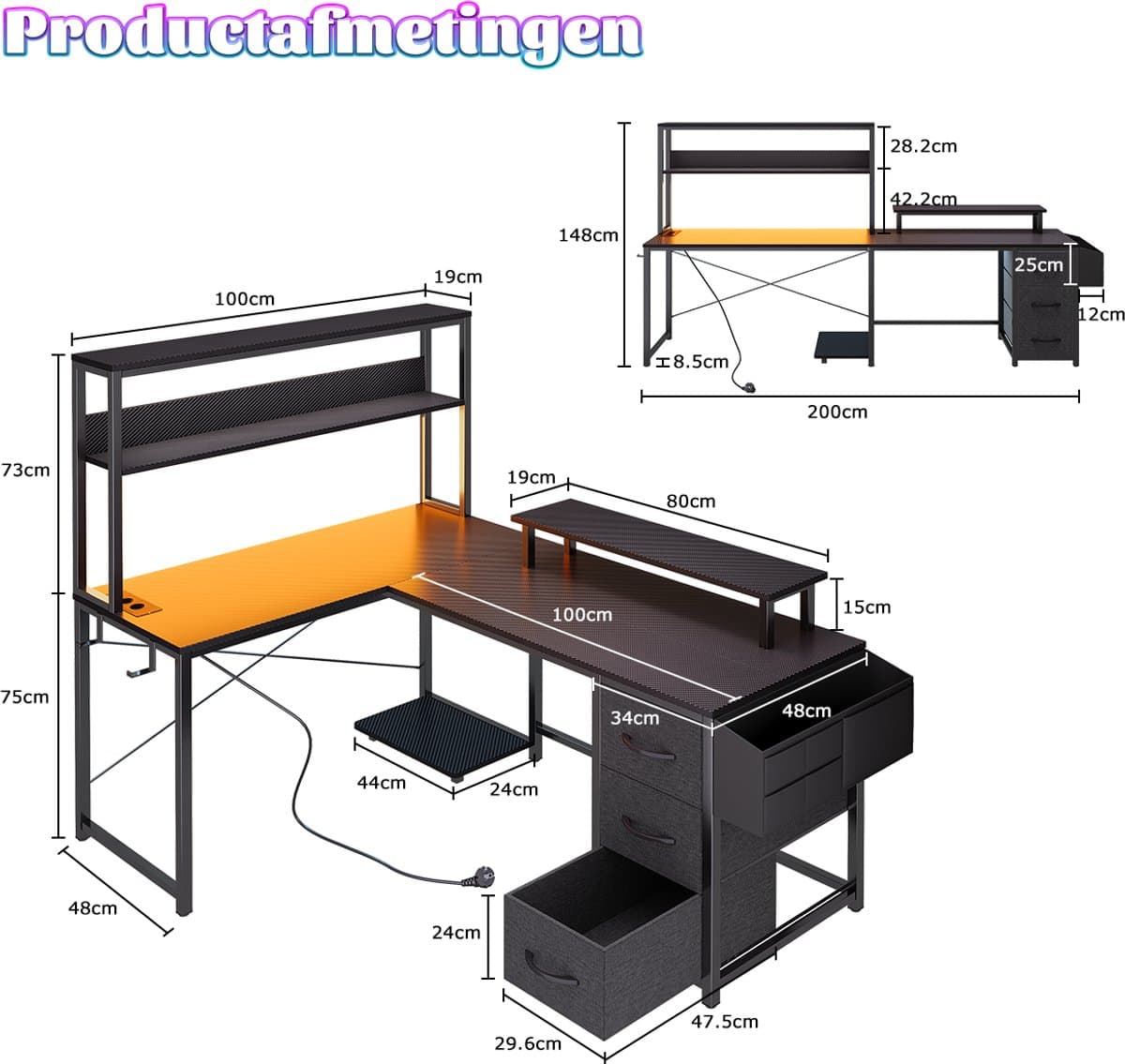 Gaming Bureau met LED Verlichting - 148x100x148 cm - L-Vormig Hoekbureau met Stopcontact - 3 Non Woven Lade - Gaming Desk - Computer Tafel - Gaming Tafel - met Opbergplanken, Tas & IJzeren Haak - Zwart - Bureau voor Gamen, Studeren en Werken thumbnail 2