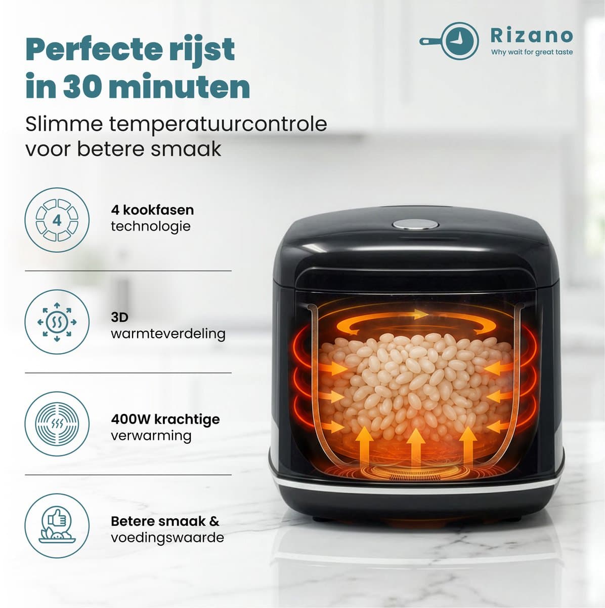 Rizano® Rijstkoker Zwart - 1-4 Personen - Multicooker - Slowcooker - Rice Cooker Klein 2L - Rijststomer - Rijstkoker met Stomer - Soep, Stoofpot & Cake - Anti-aanbak met 3D Warmteverdeling - Touchscreen en 5 Functies thumbnail 4