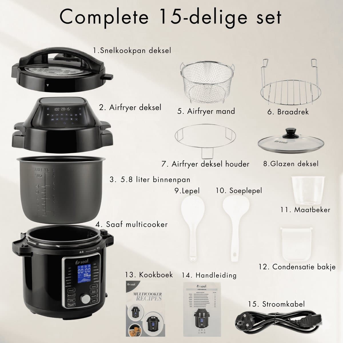 Multicooker Airfryer - 5.8L - PFAS vrij - Slowcooker met timer - Rijstkoker met stomer - Airfryer - Stomer - Snelkookpan - Saaf thumbnail 7