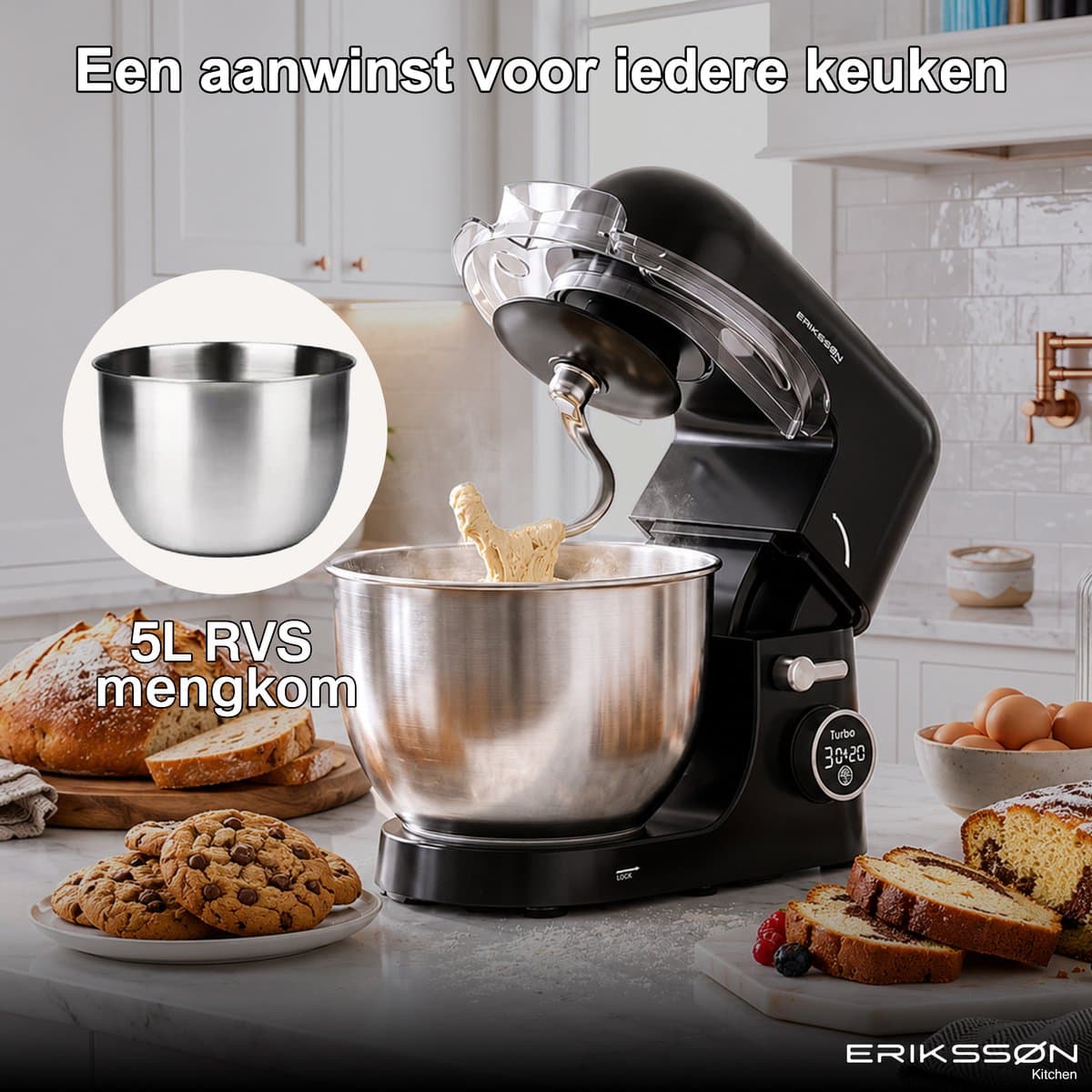 Erikssøn Kitchen Keukenmachine - 8 Snelheidsstanden Met Timer - 5L Mixer met Mengkom - 1400W - Keukenrobot - Keukenmixer - Foodprocessor - Zwart thumbnail 4
