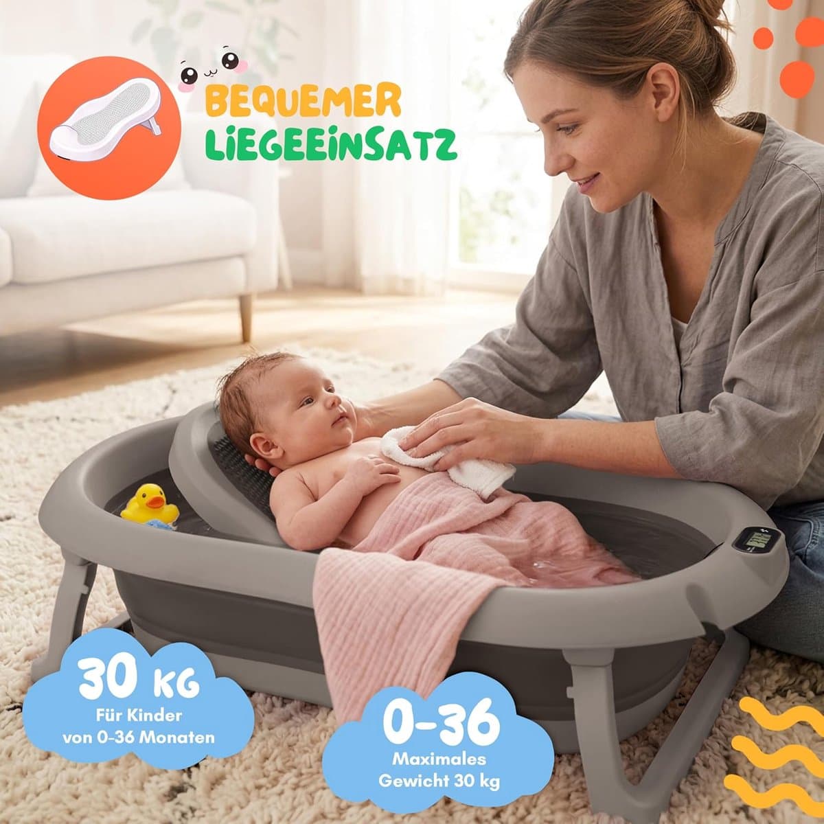 moovkee. Opvouwbaar Babybad 80 cm Donkergrijs - Babybadewanne met Thermometer en Badesitz - Antislip Draagbare Babybadkuip voor 0-36 Maanden thumbnail 4