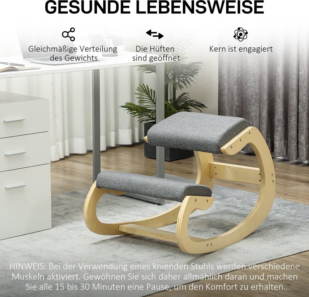 MODENUIT Kniekruk 54,5 x 85 x 54 cm - Schommelend Ergonomisch Ontwerp - Voor Thuiswerk En Meditatie - Hout Grijs thumbnail 6