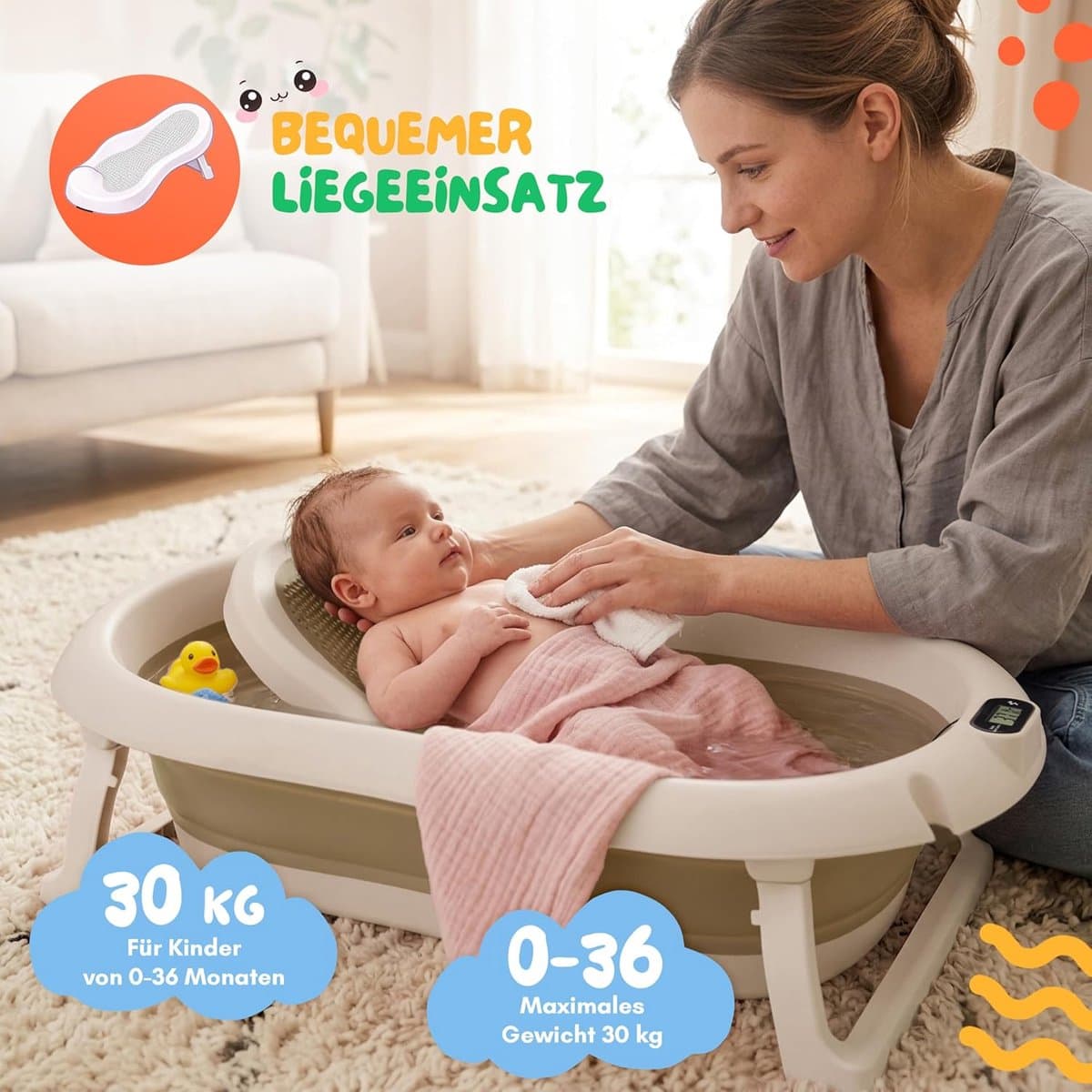 moovkee. Opvouwbaar Babybad 80 cm Beige - Babybadewanne met Thermometer en Badesitz - Antislip Draagbare Babybadkuip voor 0-36 Maanden thumbnail 4