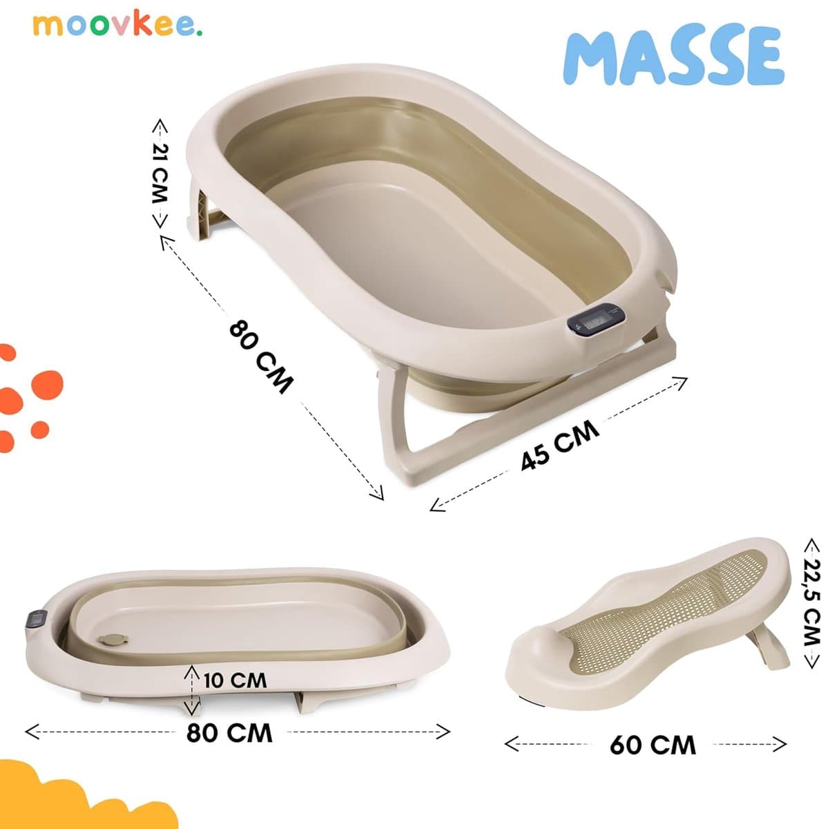 moovkee. Opvouwbaar Babybad 80 cm Beige - Babybadewanne met Thermometer en Badesitz - Antislip Draagbare Babybadkuip voor 0-36 Maanden thumbnail 5