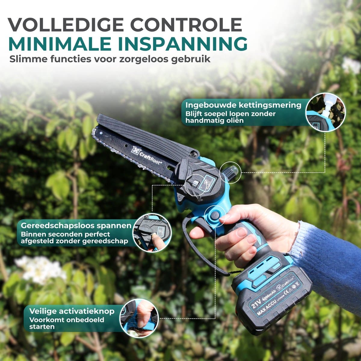 CraftRoot Elektrische Mini Kettingzaag - Draadloze Compacte Kettingzaag met Automatische Kettingsmering - Handkettingzaag - Snoeizaag - Takkenzaag - 2x 4.0Ah Accu's - Opberg Koffer - Brushless thumbnail 7