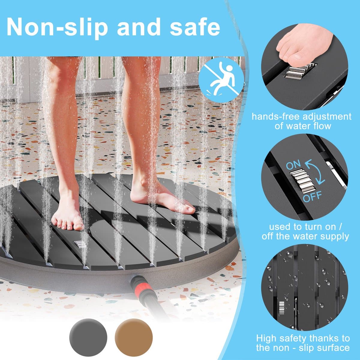 Ronde WPC Tuindouche - Ø70 cm Vloerdouche Houtlook - Antislip Buiten Douche - Campingdouche met Voetbediening - 4m Waterfontein - Voor Tuin & Zwembad thumbnail 5