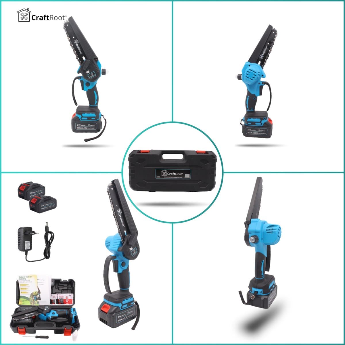 CraftRoot Elektrische Mini Kettingzaag - Draadloze Compacte Kettingzaag met Automatische Kettingsmering - Handkettingzaag - Snoeizaag - Takkenzaag - 2x 4.0Ah Accu's - Opberg Koffer - Brushless thumbnail 8