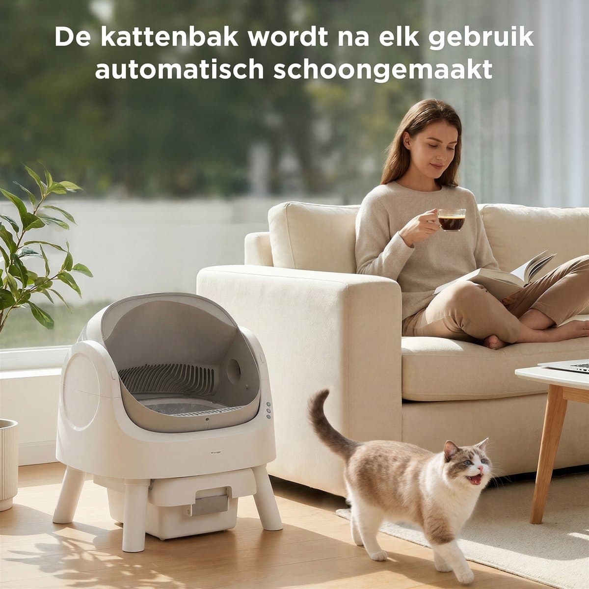TrevoPet® Automatische Kattenbak - Zelfreinigend & Veilig - Voor Katten tot 12KG - Incl. Mat, 60 Afvalzakjes & Accessoires - 10L Afvalbak - Wit & Grijs thumbnail 2
