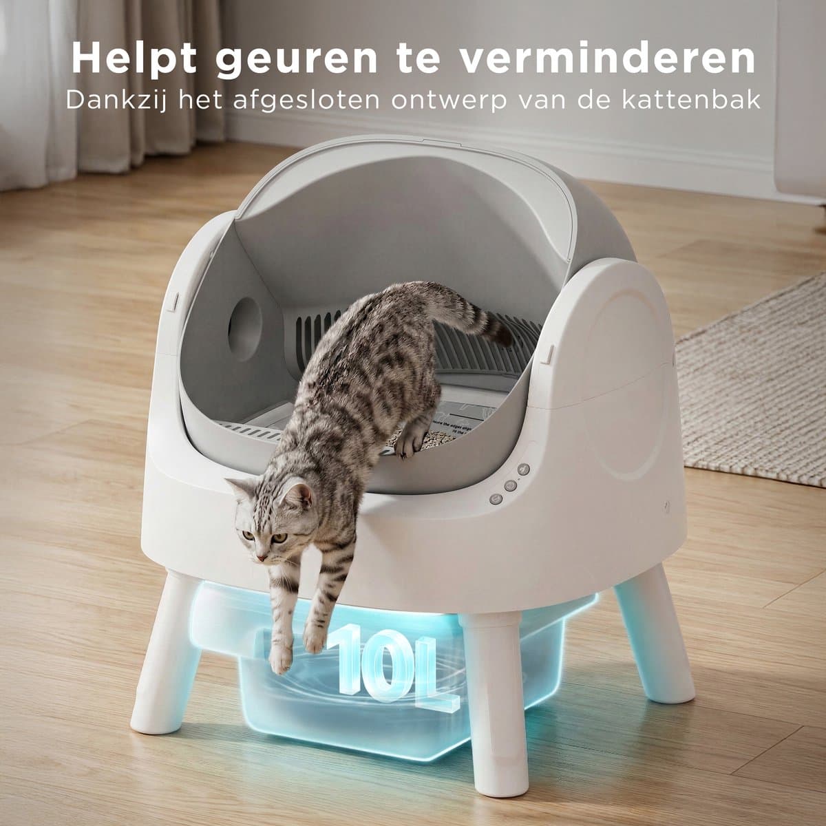 TrevoPet® Automatische Kattenbak - Zelfreinigend & Veilig - Voor Katten tot 12KG - Incl. Mat, 60 Afvalzakjes & Accessoires - 10L Afvalbak - Wit & Grijs thumbnail 8