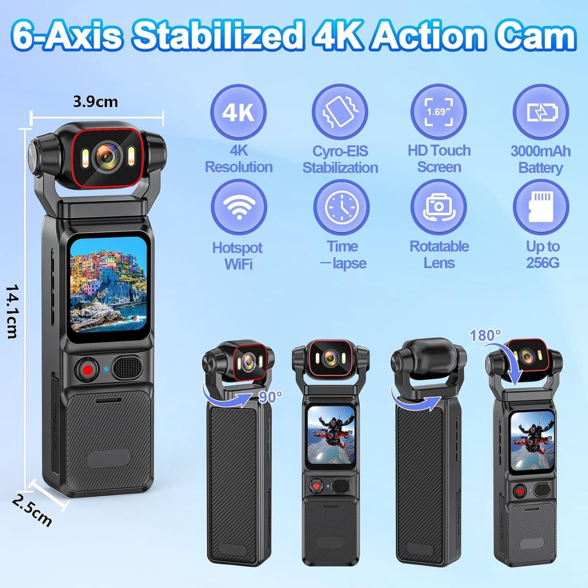 Action Cam 4K - 6-assige stabilisatie videocamera, vlog, live view-display, vlogcamera, wifi, 160° groothoek, draaibare lens en 3000 mAh batterij voor fietsen, vlogging, reizen en outdooractiviteiten thumbnail 6