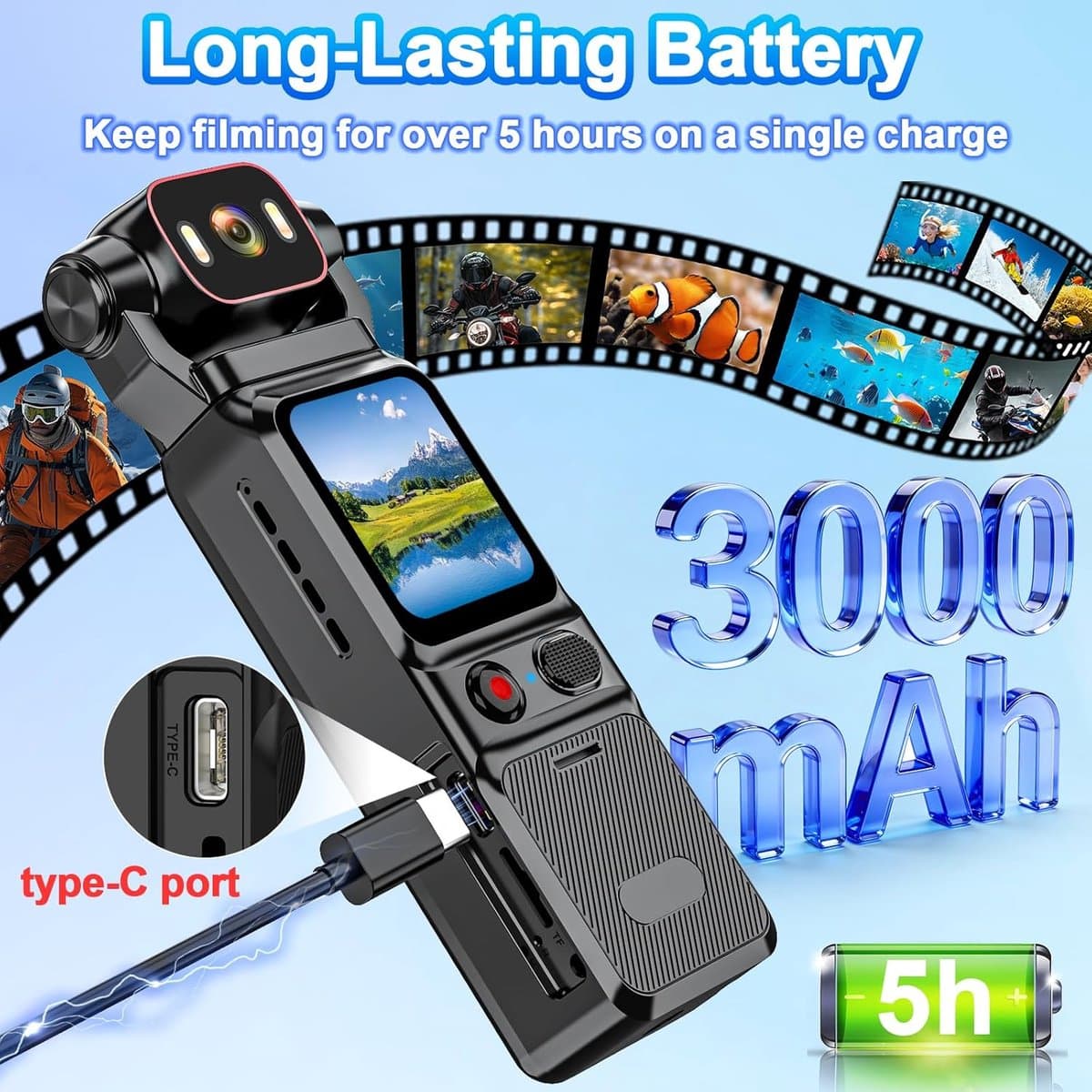 Action Cam 4K - 6-assige stabilisatie videocamera, vlog, live view-display, vlogcamera, wifi, 160° groothoek, draaibare lens en 3000 mAh batterij voor fietsen, vlogging, reizen en outdooractiviteiten thumbnail 7