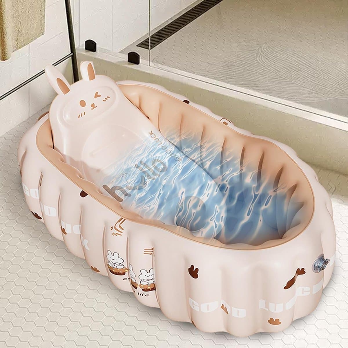Opblaasbare Babybadkuip - Draagbaar Babybad - Veilig Baden - Antislip Zitje - 90 x 58 cm - Konijn thumbnail 4