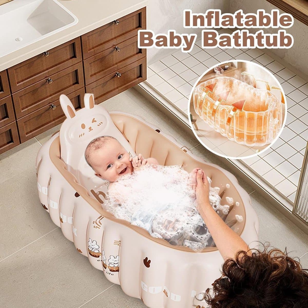 Opblaasbare Babybadkuip - Draagbaar Babybad - Veilig Baden - Antislip Zitje - 90 x 58 cm - Konijn thumbnail 5