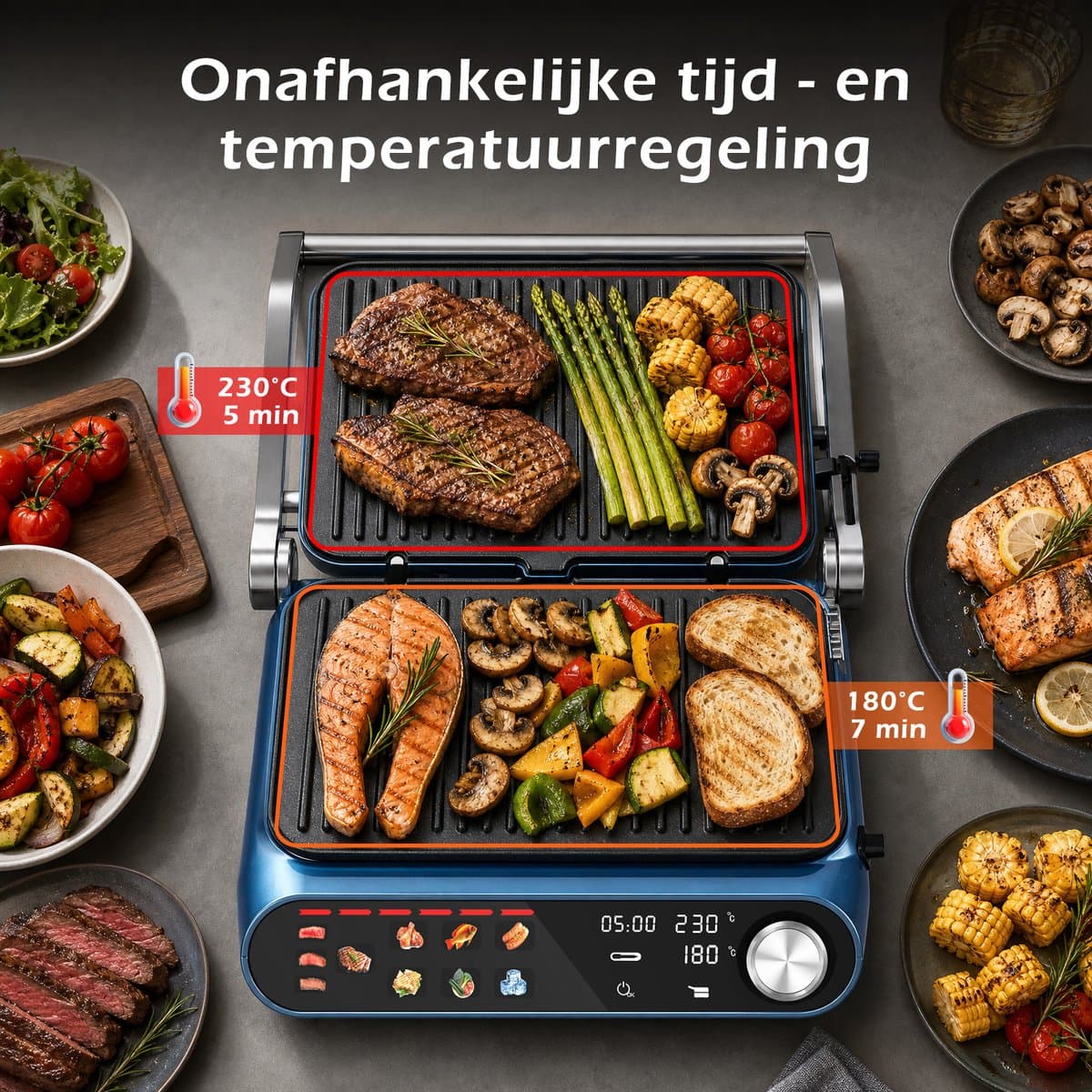 Taylor Swoden Contactgrill - Tosti apparaat - Dubbele Temperatuurregeling - Tosti ijzer - 2000W - Panini Grill met Touchscreen en Draaiknop - 180° Uitklapbaar - Temperatuursonde - Instelbare Hoogte thumbnail 5
