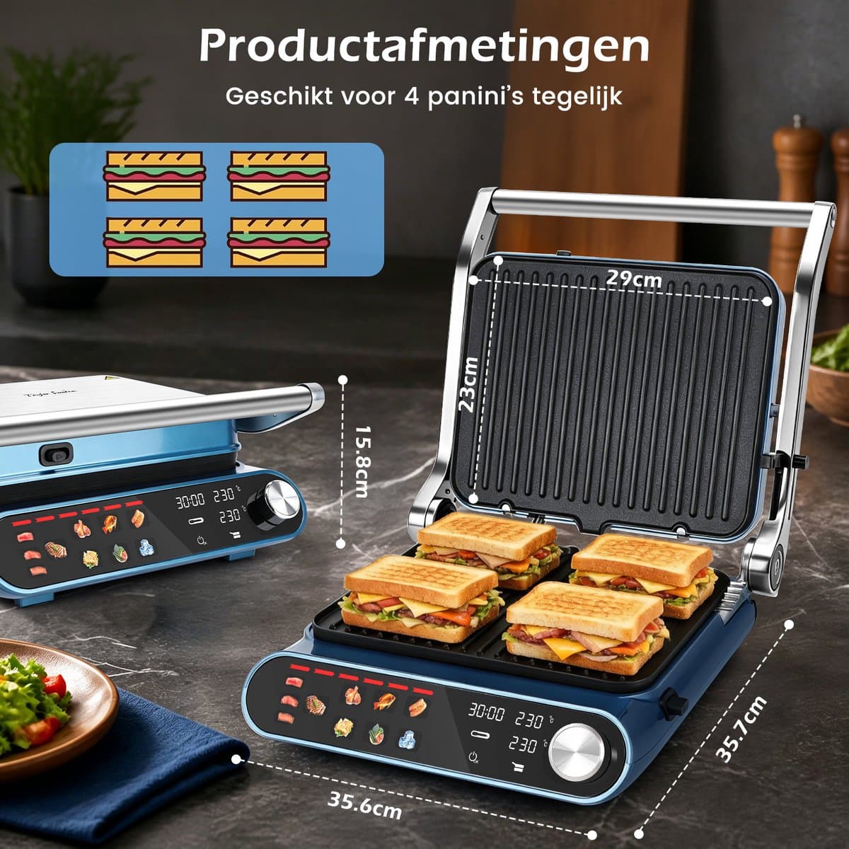 Taylor Swoden Contactgrill - Tosti apparaat - Dubbele Temperatuurregeling - Tosti ijzer - 2000W - Panini Grill met Touchscreen en Draaiknop - 180° Uitklapbaar - Temperatuursonde - Instelbare Hoogte thumbnail 7