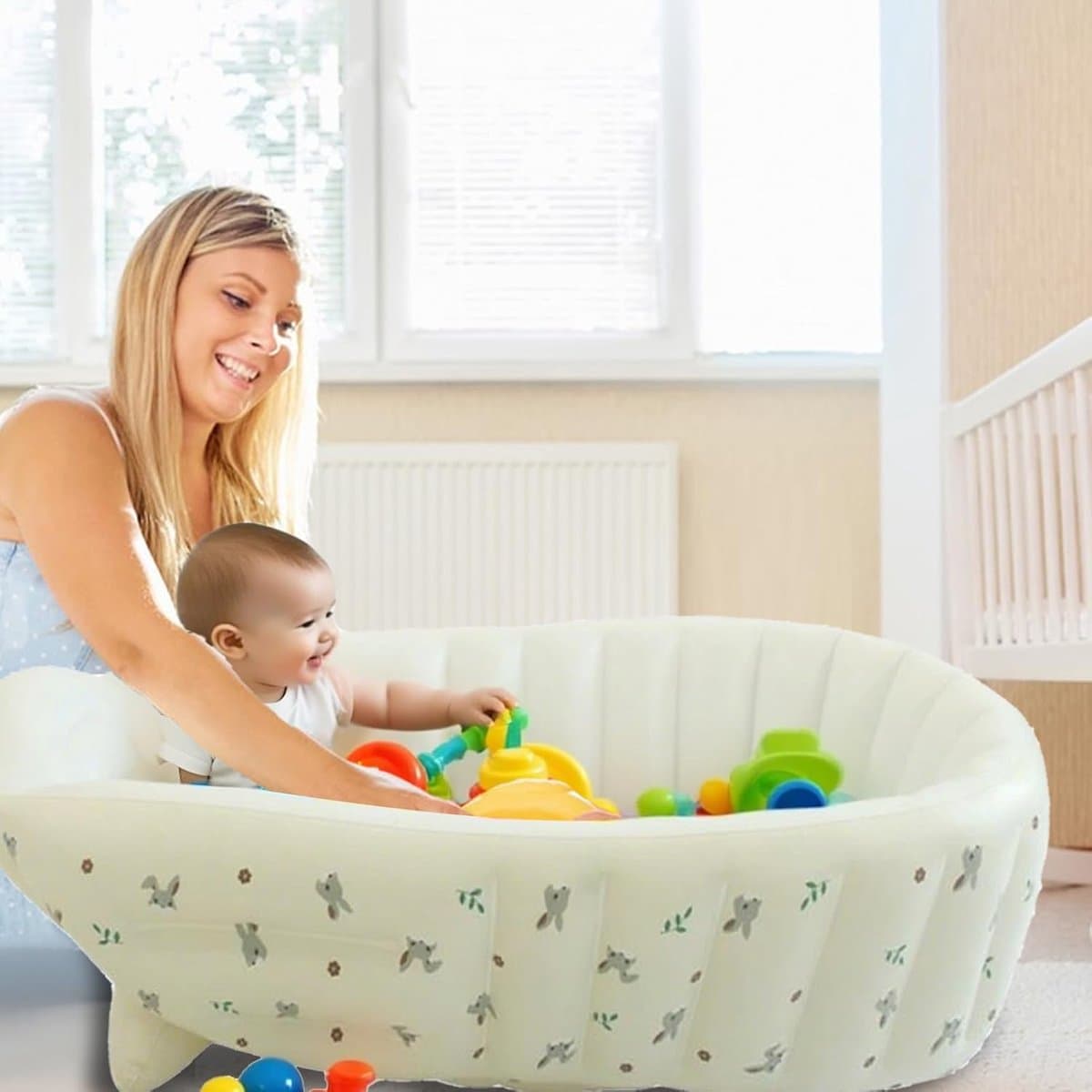 Opblaasbare Babybadkuip - Draagbaar Babybadje - Baby's Baden - Verstelbaar en Opvouwbaar - 90 x 55 cm - Konijnenkop thumbnail 4