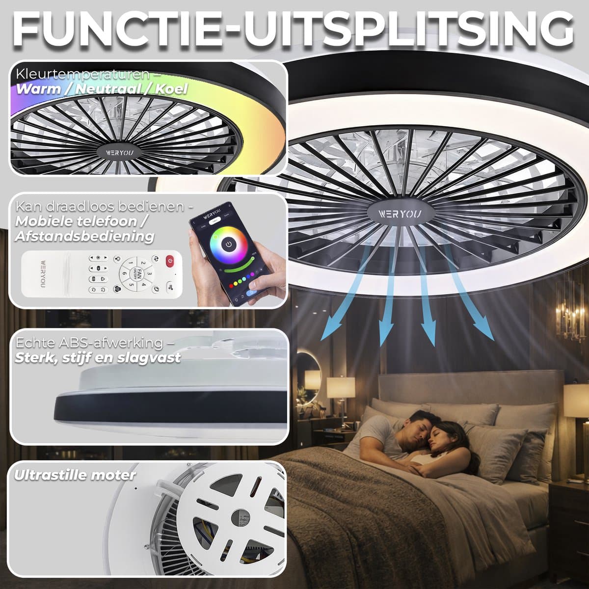 WERYOU® illuminAIR Plafondventilator - Plafonniere - Plafondventilator met Afstandsbediening - Plafondlamp - Plafond ventilator met Verlichting - Ventilator lamp - RGB Ledlamp thumbnail 6