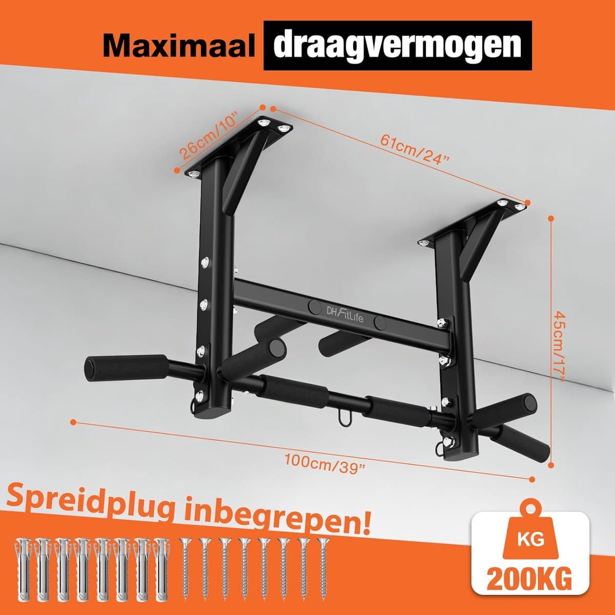 DH FitLife Pull-up Bar - 4-in-1 plafondmontage - Multifunctionele thuis pull-up bar voor krachttraining - 8 antislip handgrepen - 3 oogjes voor bokszak & suspension trainer, stabiel tot 200 kg thumbnail 4