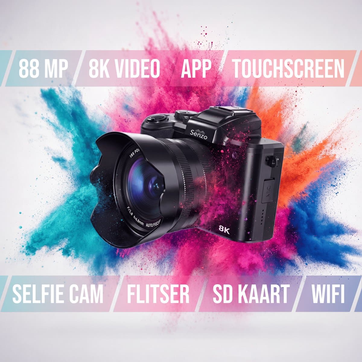 Senzo Digitale Camera 8K met WiFi - 88MP - 16 x Zoom - 60FPS - HDR - Fotocamera - Fototoestel - Compact Camera - Vlog Camera - Video Camera - 64GB thumbnail 2