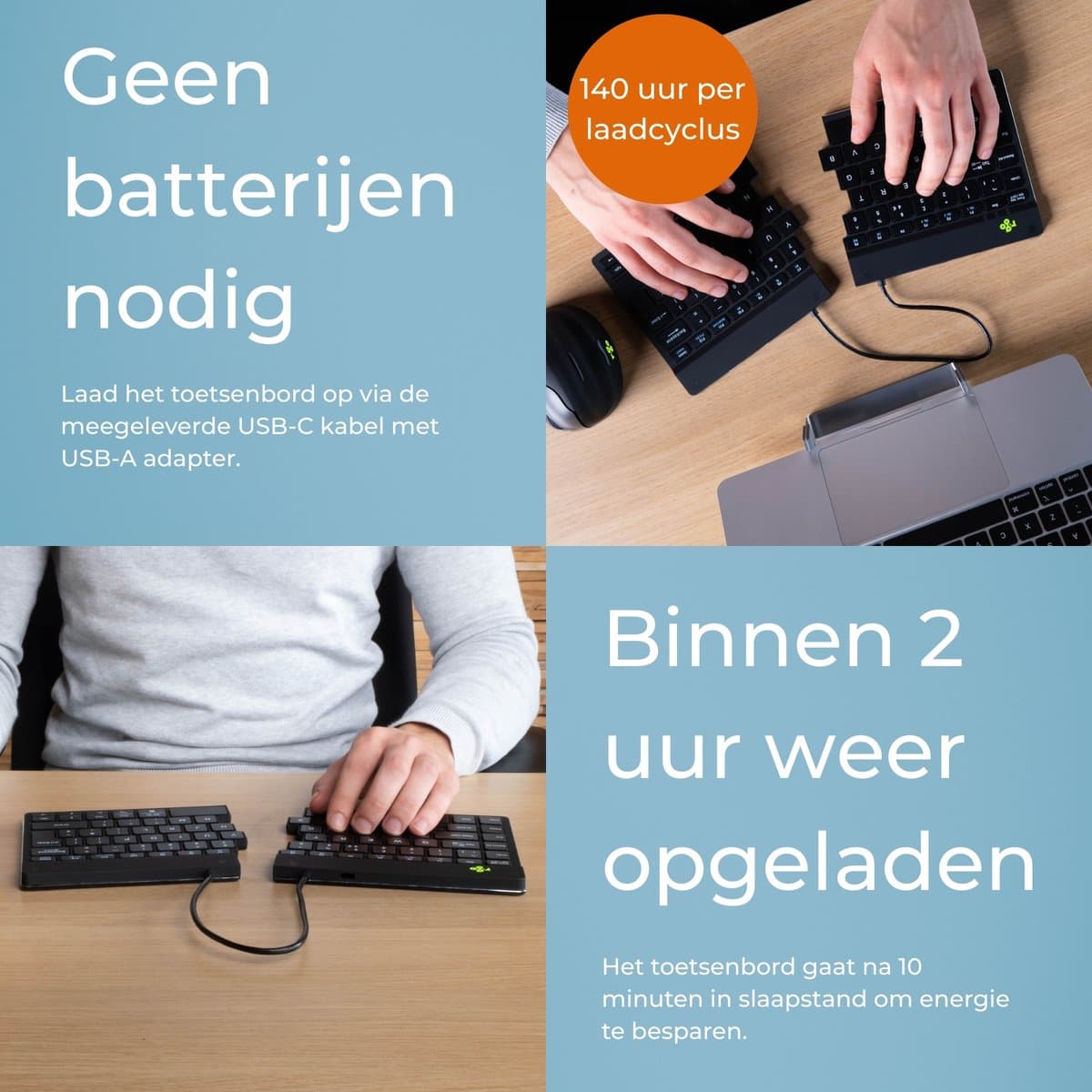 R-Go Split Break - Ergonomisch Toetsenbord & Vilten Etui - Bluetooth - Break software - QWERTY US - Draadloos - Zwart thumbnail 7