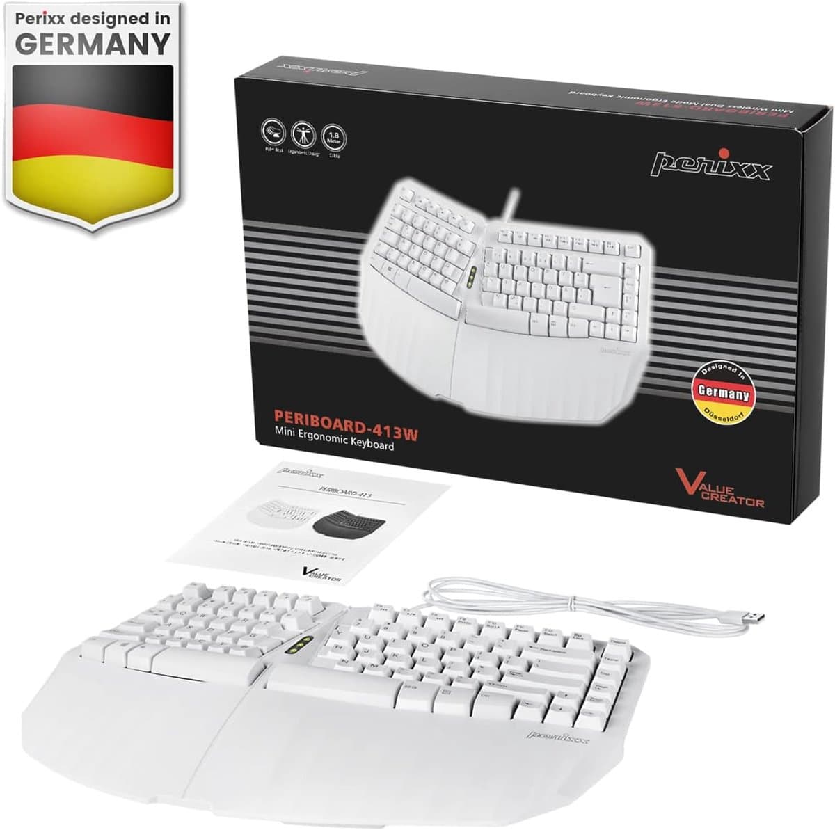 Perixx Periboard-413W Compact Ergonomisch Toetsenbord – Bedraad USB – Wit – US QWERTY – Gedeeld Toetsenveld – Polssteun thumbnail 5