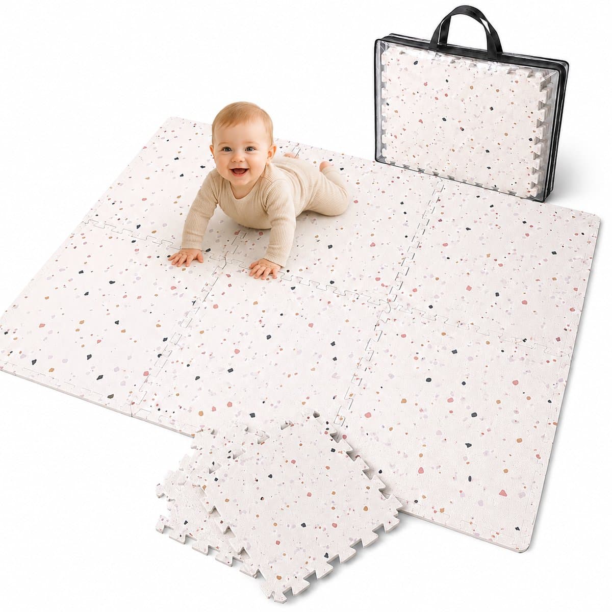 WoonWonder Speelmat baby - Foam - Speelkleed Baby - Dubbelzijdig Opvouwbaar Speelmat - 120 x 180 cm - Terrazzo - Zachte Vloertegels - Inclusief Opbergtas