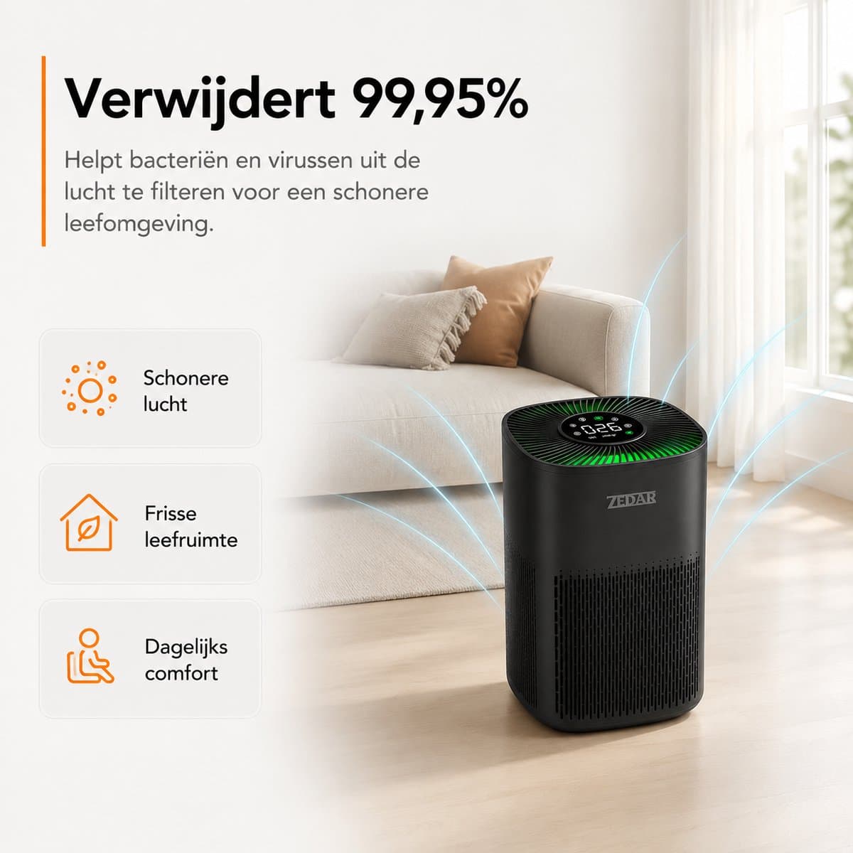 Luchtreiniger / Air Purifier met APP en 2x HEPA 13 filter + koolstoffilter - Werkt tegen huisstofmijt, hooikoorts, allergie, stof, - 210 m³/u - Zedar L600 thumbnail 4