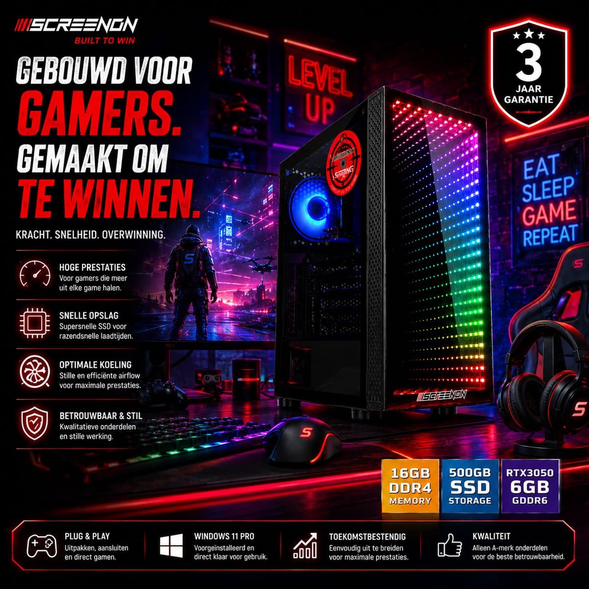 Game PC RTX 3050 6GB Gaming Desktop | AMD Ryzen 5 2600X | 16GB DDR4 RAM | 500GB SSD | Windows 11 Pro | RGB Gaming Computer | Fortnite PC | Minecraft PC | Valorant PC | Roblox PC | Plug & Play | 3 Jaar Garantie thumbnail 6