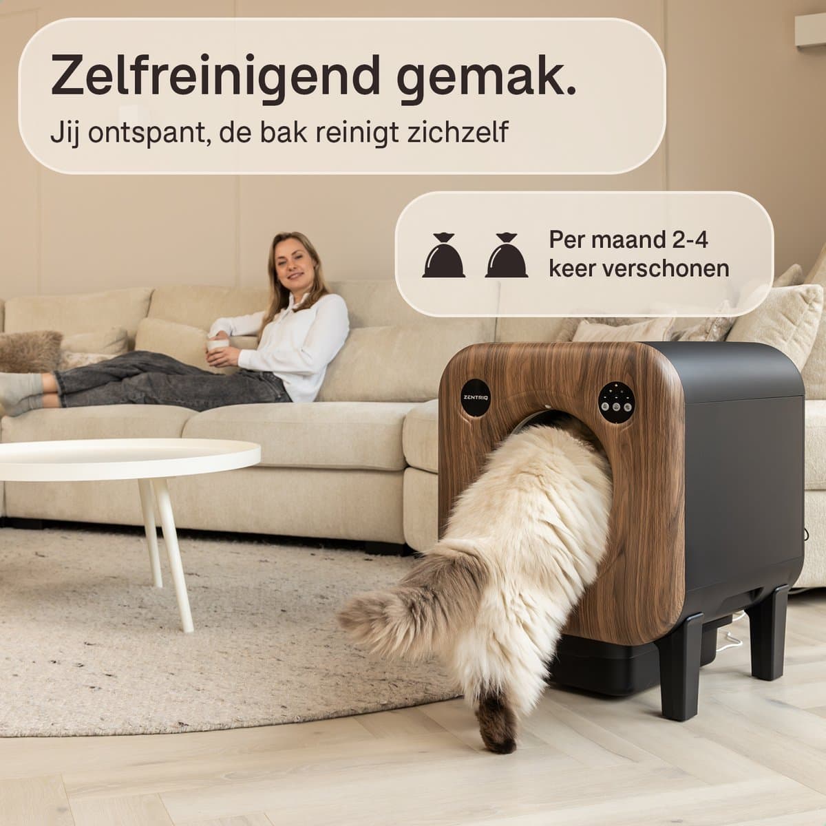 Zentriq Automatische Kattenbak – Zelfreinigend met App & 4k Camera – Cat Pod Q10 - XXL 75L – Stil & Veilig – Incl. Mat en 3 Rollen Opvangzakken thumbnail 6