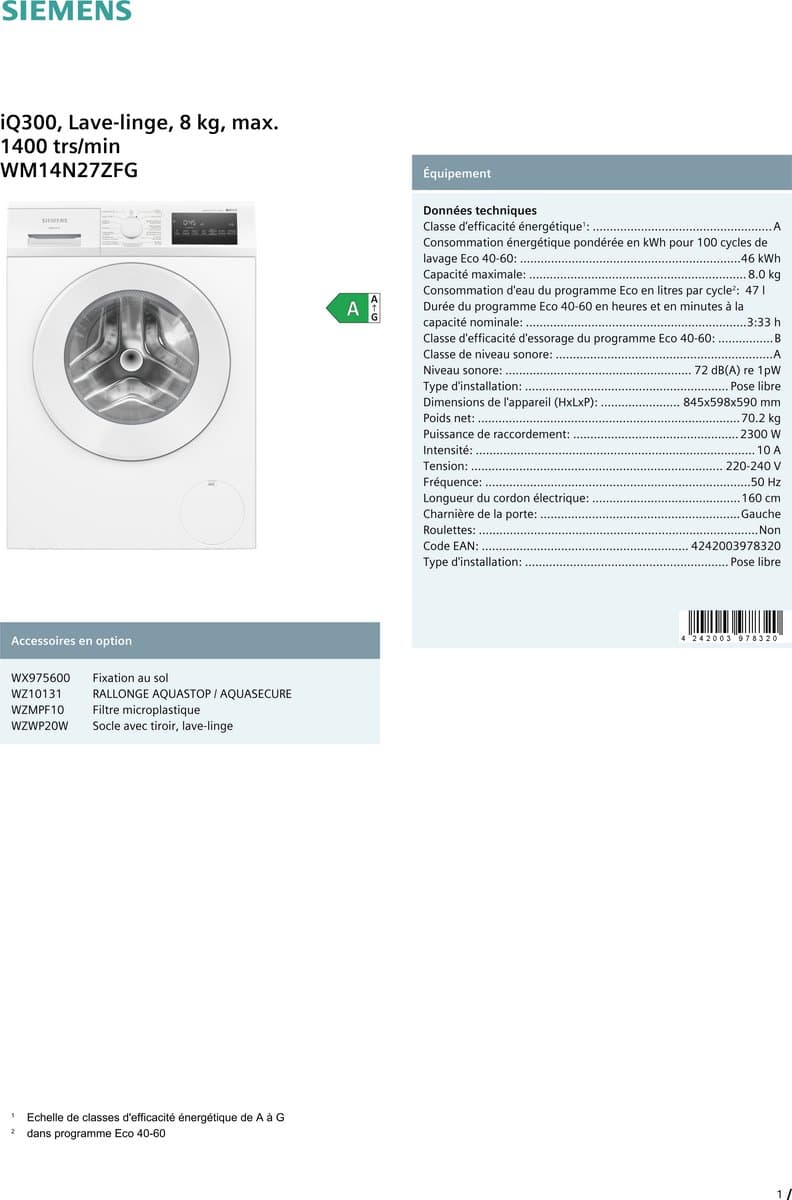 Siemens iQ300 WM14N27ZFG thumbnail 2