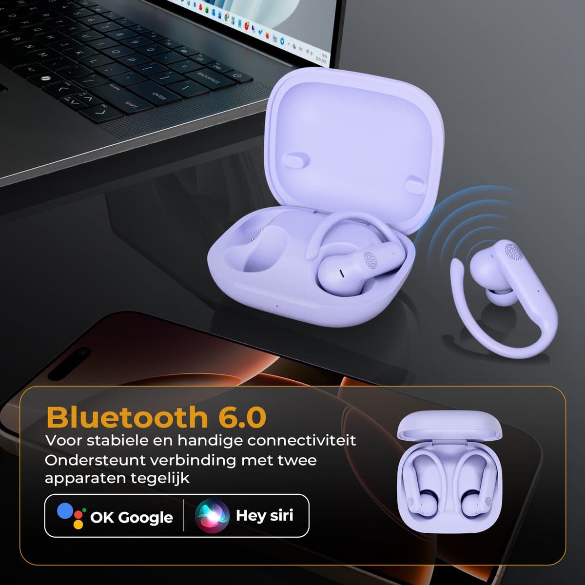 Golden Sound Sport Draadloze oordopjes - 80 uur batterijduur - Active Noise Cancelling - 45dB - Sport oordopjes - Oortjes draadloos - Bluetooth oortjes - Paars thumbnail 2