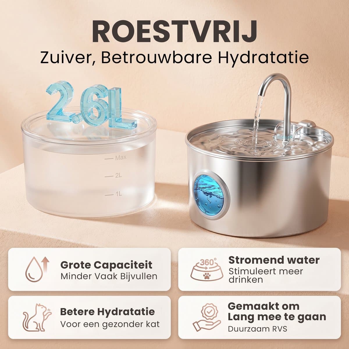 Petsy Drinkfontein kat RVS luxe 2026 - Hond - Waterfontein - 2.6 Liter - incl 2 Filters thumbnail 2