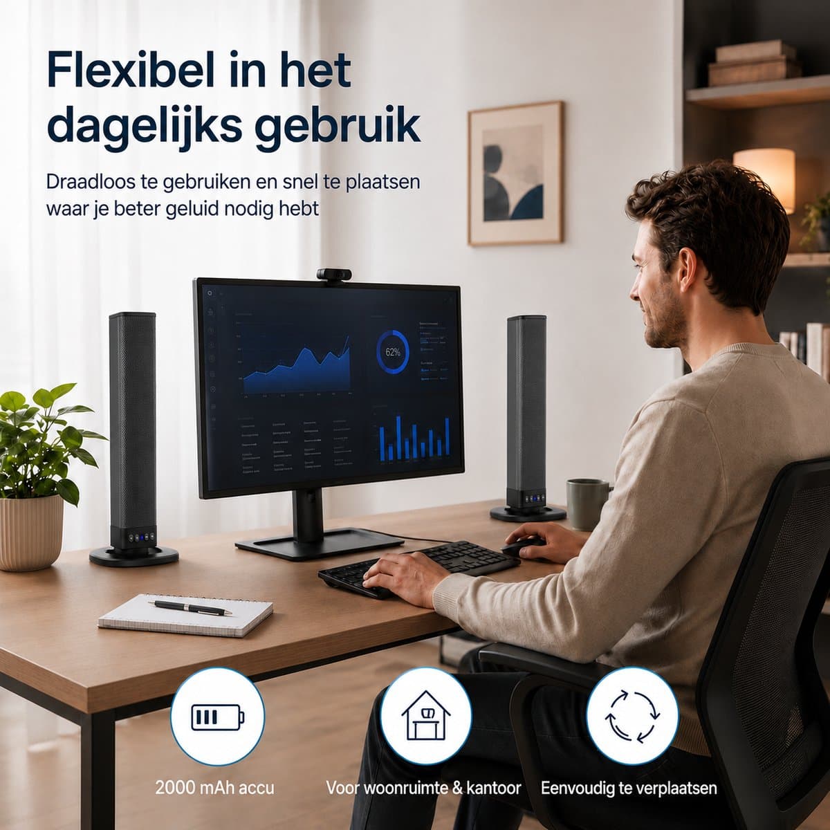 Gloovon® Deelbare Soundbar & PC Speakers - Bluetooth 5.0 & Bedraad - 20W Stereo Audio met 2000mAh Accu - AUX, RCA & USB - Zwart thumbnail 5