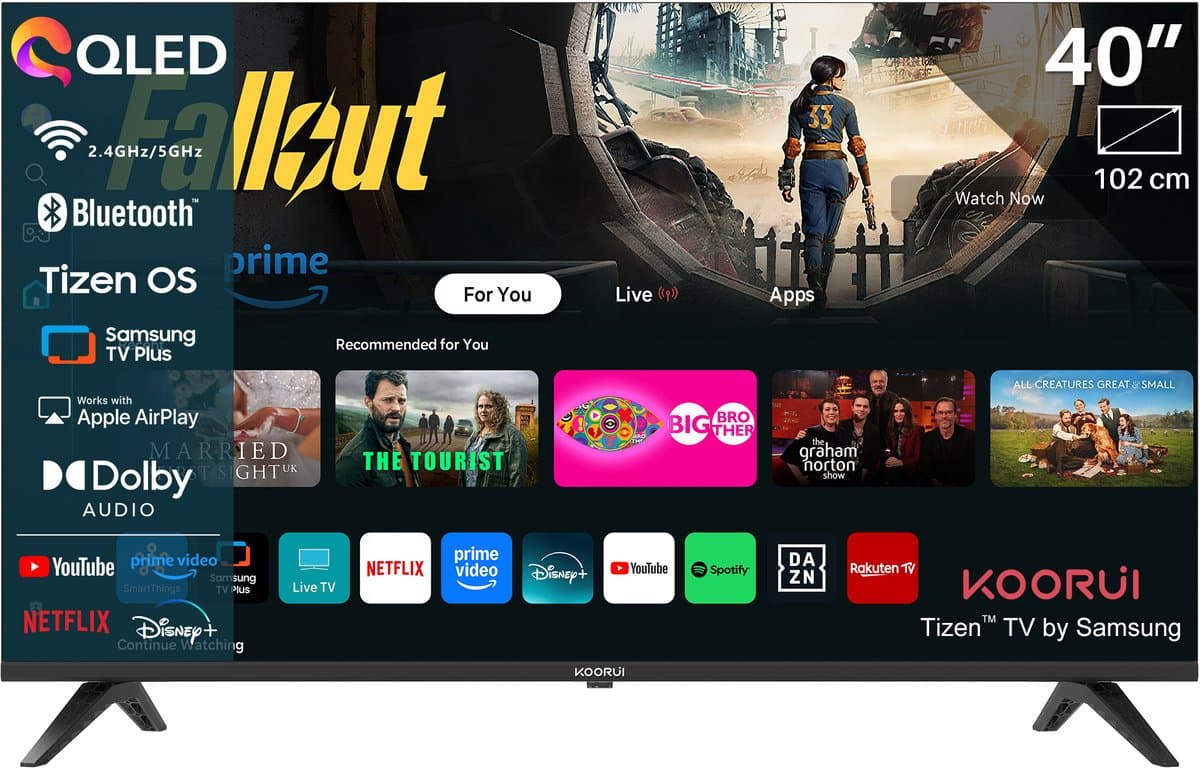 Koorui Tizen by Samsung Smart TV - QLED Full HD - 40 inch/102 cm - Streaming apps - AirPlay - Hotelmodus - HDMI x3, USB x2, CI+ - Tripple Tuner DVB-T/T2/S/S2/C - Frameless Design - Geassembleerd in Nederland - K40Q1F-T8