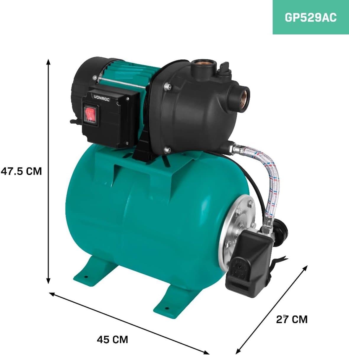 Waterdrukpomp met schakelaar - Hydrofoorpomp - Tuin beregenen - Automatische regeling - 19L tank - Turquoise thumbnail 4