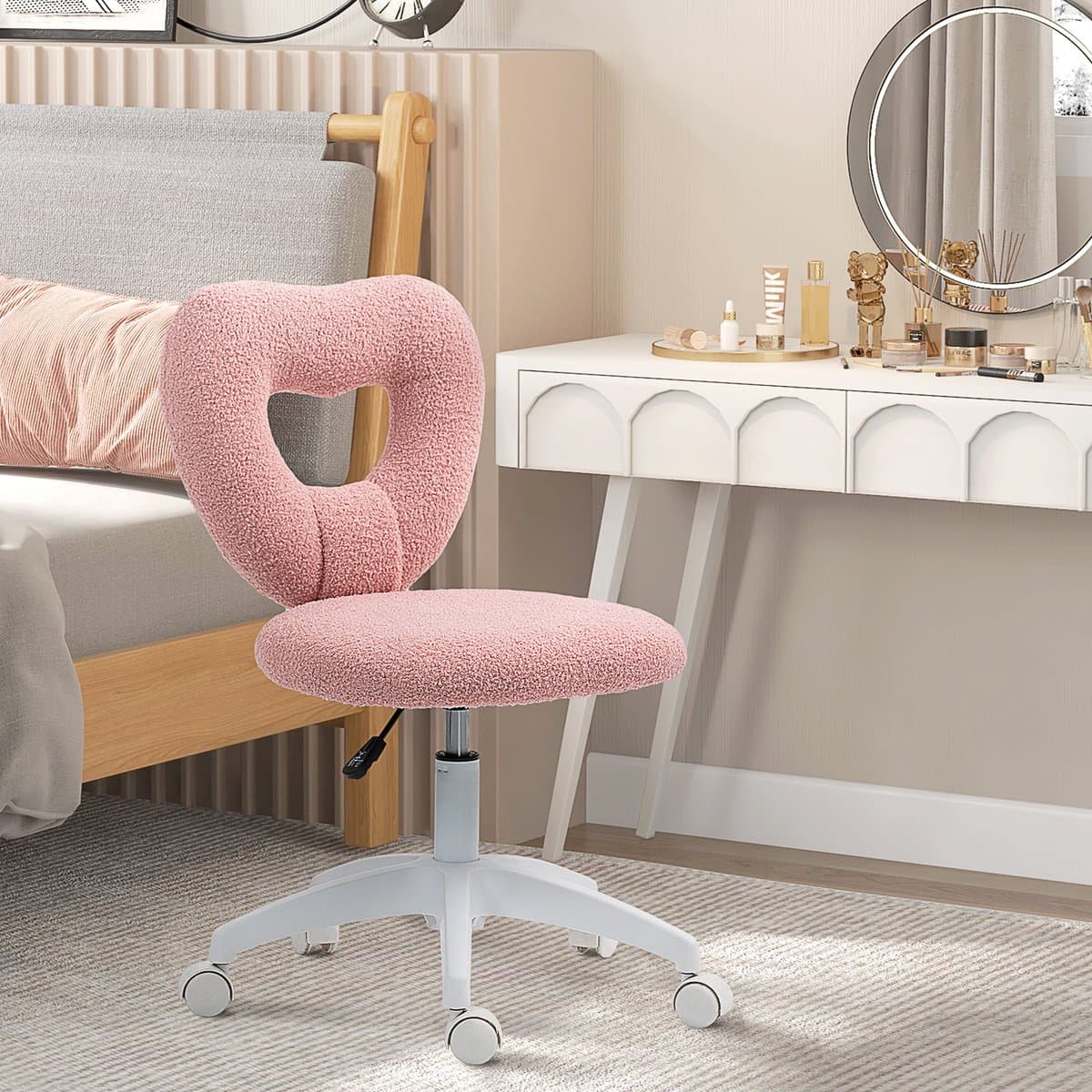 STILVORA Bureaustoel Met Hartvormige Rugleuning En Wieltjes - Verstelbaar - Voor Make-up Tafel, Thuiswerk En Studie - Polyester - Roze thumbnail 2