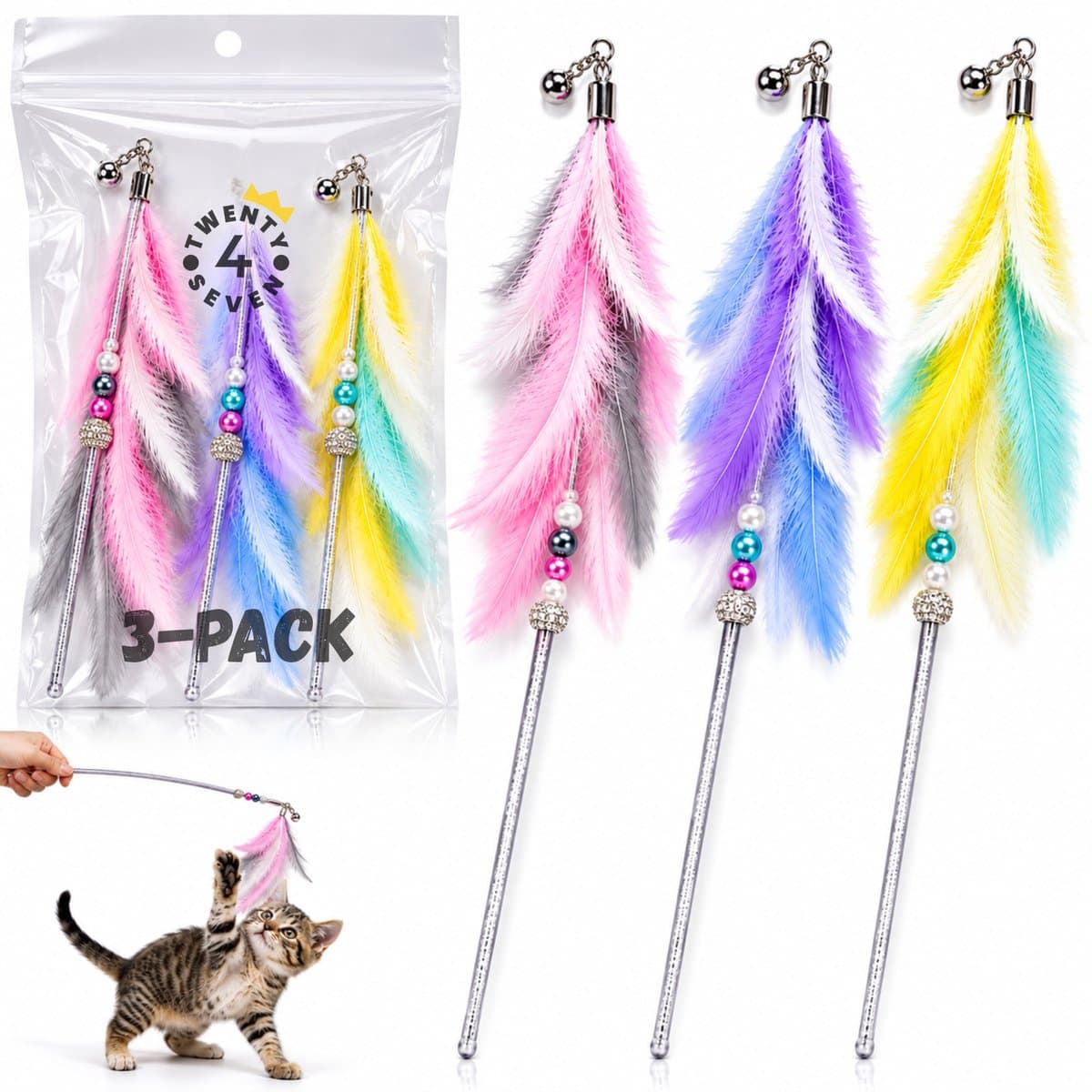 Twenty4seven® Kattenhengel 3-Pack - Kattenspeeltjes met Veer - Kattenspeelgoed - Interactief & Intelligentie - Speelgoed voor Katten & Kittens