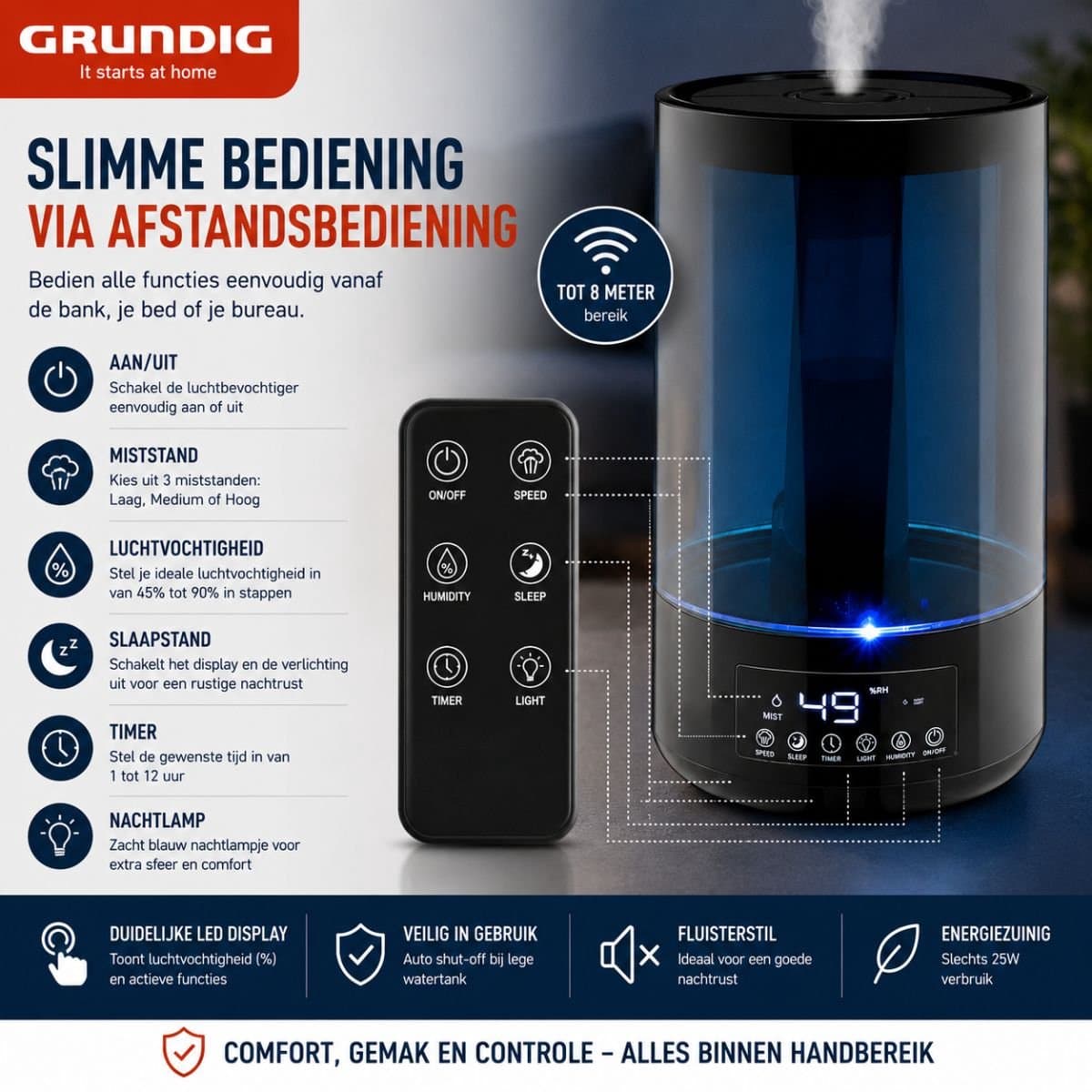 Grundig Luchtbevochtiger HD-1903A - Ultrasone Lucht Bevochtiger 4,3L - met Timer en Nachtlamp - Incl. Afstandsbediening - Zwart thumbnail 5