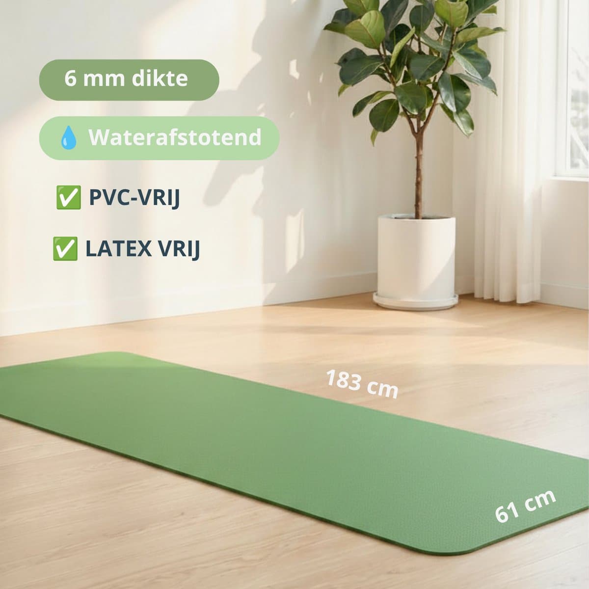 Yogamat 6 mm Antislip TPE – Fitnessmat & Pilates Mat – Groen – 183 x 61 cm thumbnail 3