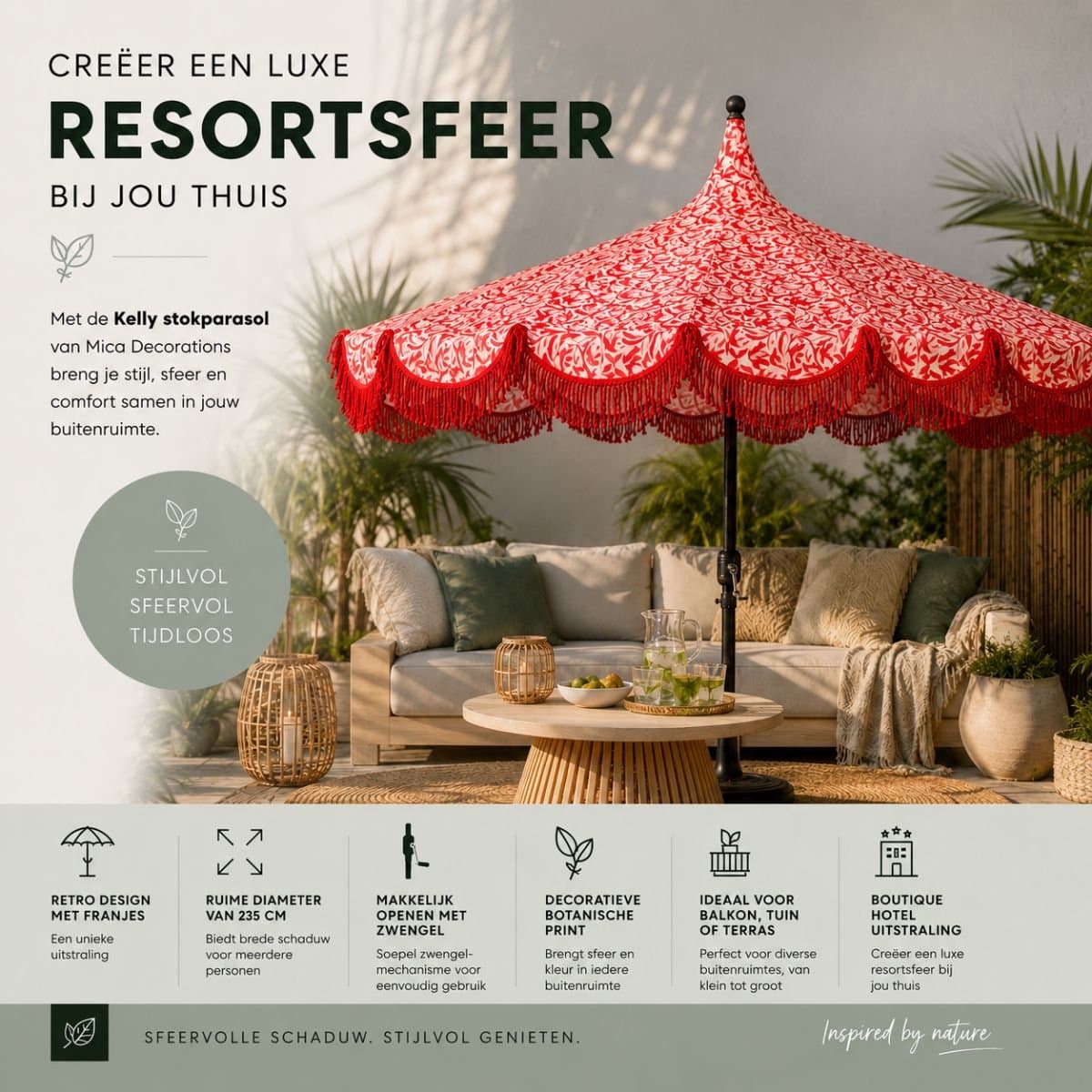 Mica Decorations Kelly Parasol met Draagtas - Stokparasol 238 x Ø235 cm - Tuin of Balkonparasol - Polyester, Staal - Rood thumbnail 7