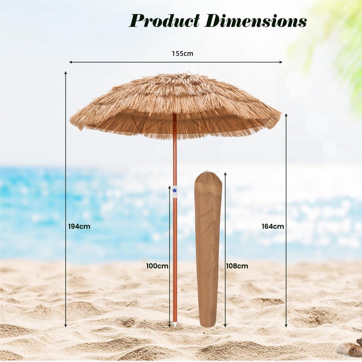KOMFOTTEU Hawaï parasol - stroparasol van PP - stokparasol - kantelbaar 0-40° - met draagtas - voor tuin, terras en balkon - 155 x 194 cm thumbnail 2