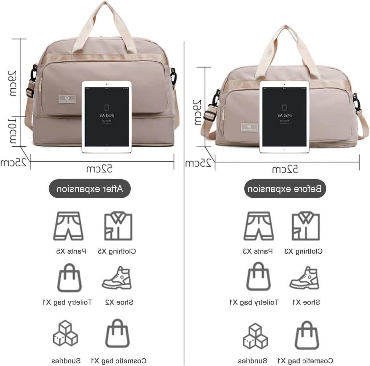 Grote Sport Duffle Bag voor Vrouwen 50L, Uitbreidbaar van 37.7L naar 50.7L, Waterdichte Sporttas voor Zwemmen, Reizen en Weekenduitjes, Ideaal als Gymtas en Handbagage, Grijs thumbnail 4