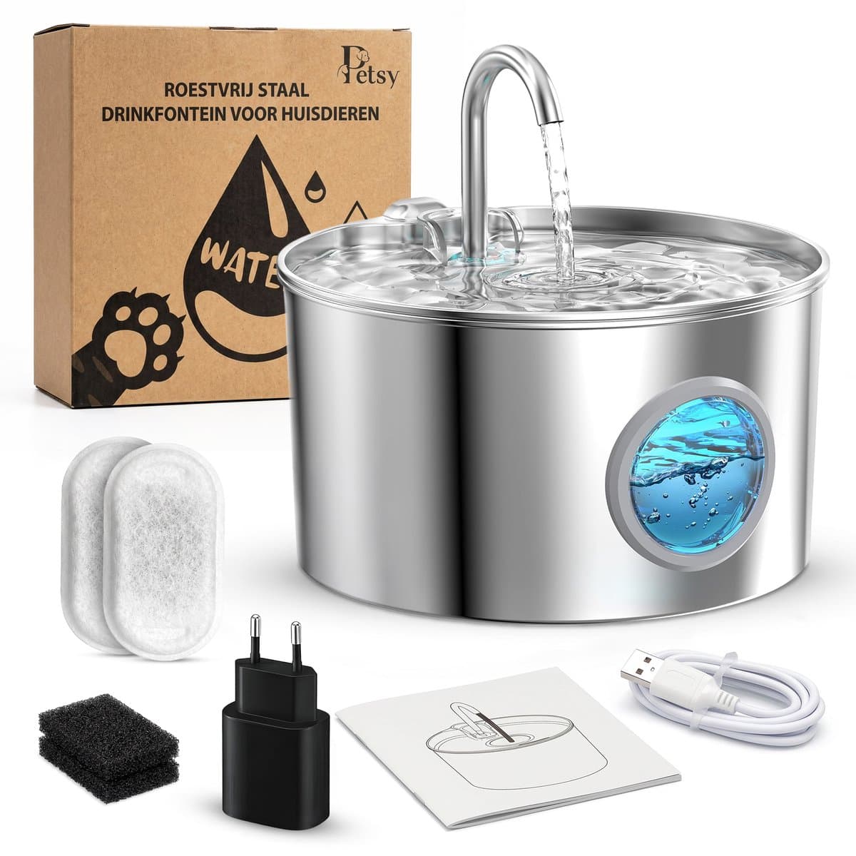 Petsy Drinkfontein kat RVS luxe 2026 - Hond - Waterfontein - 2.6 Liter - incl 2 Filters thumbnail 5